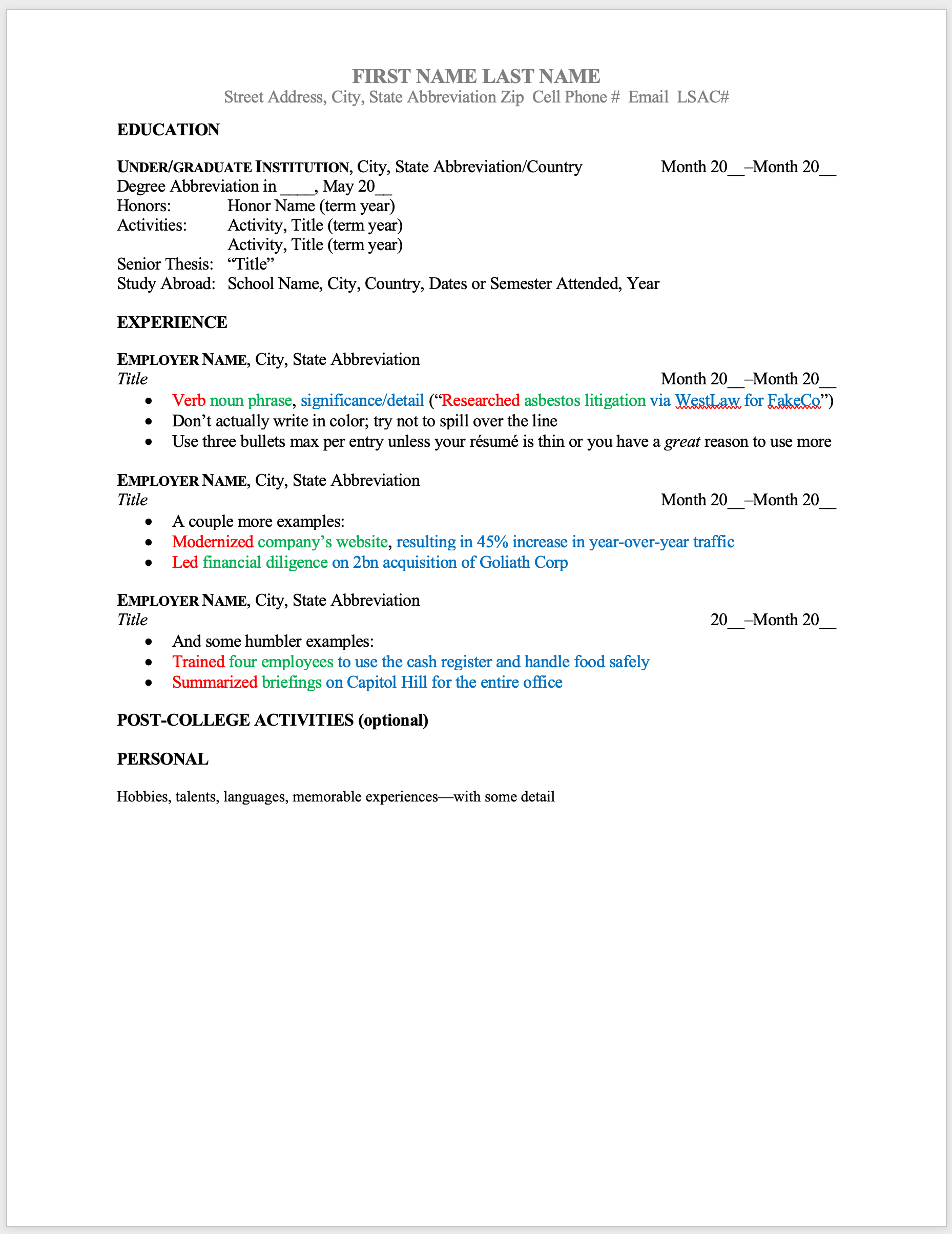 R sum Template For Law School Admissions